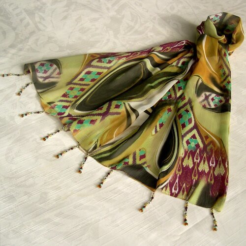 Foulard décoré de perles, écharpe légère, accessoires femme, cadeau, vert kaki, marron, jaune et violet, motif abstrait, 265