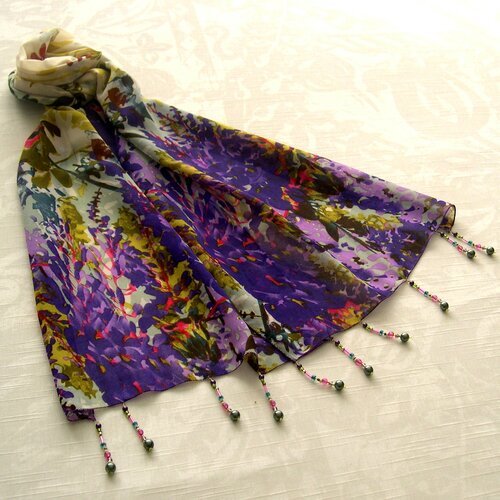 Foulard décoré de perles, écharpe légère, foulard bijou,accessoires femme, violet, jaune, vert, motif fleuri ,065
