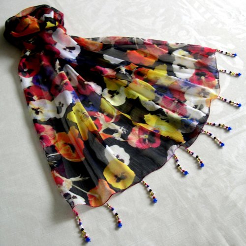 Foulard décoré de perles, écharpe légère, accessoires femme, cadeau, multicolore avec motif fleurs, 284