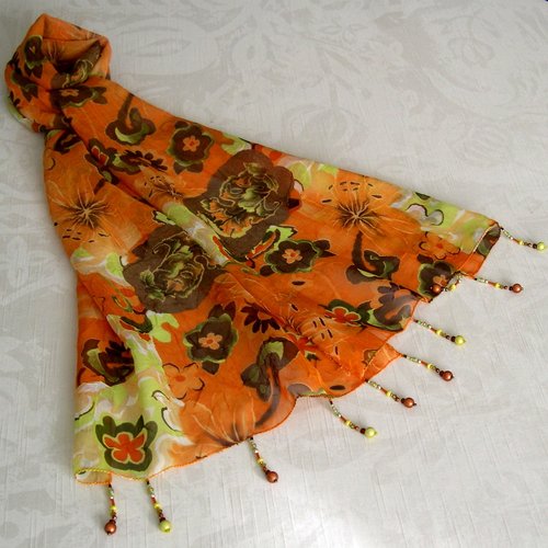 Foulard décoré de perles, écharpe légère, accessoires femme, orange marron, motif fleuri, 269