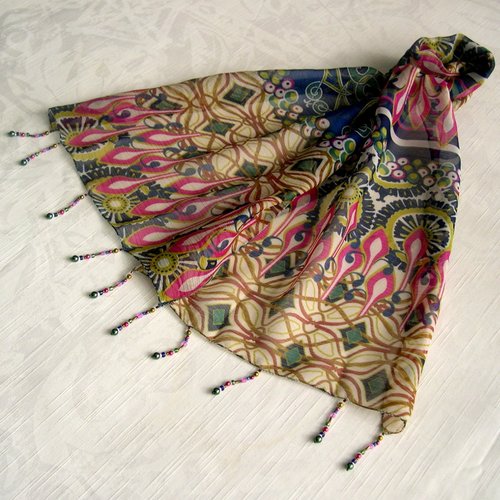 Foulard décoré de perles, écharpe légère, accessoires femme, cadeau, multicolore, motif abstrait, 270
