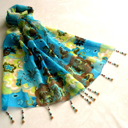 Foulard décoré de perles, écharpe légère, accessoires femme, cadeau,  bleu marron vert, motif fleuri, 266