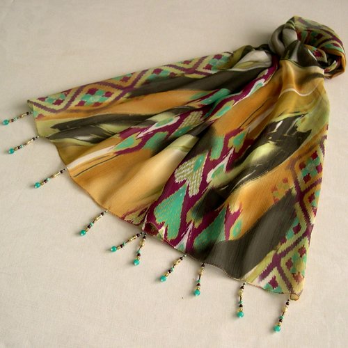 Foulard décoré de perles, écharpe légère, accessoires femme, cadeau, vert marron bordeaux, motif abstrait, 265