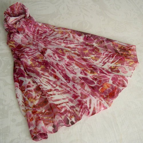 Foulard simple classique, écharpe légère, écharpe d'été, châle, étole, motif abstrait rose et bvlanc, 264