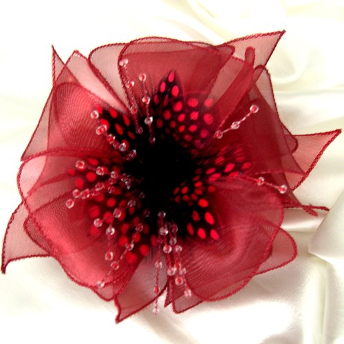 Barette fleur en organza rouge, plumes noires et rouges et perles, accessoires coiffure, mariage, fête, cadeau, 