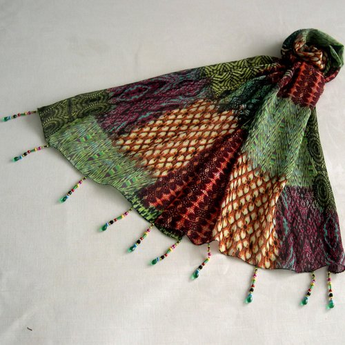 Foulard décoré de perles, écharpe légère, accessoires femme, multicolore, motif abstrait, 274