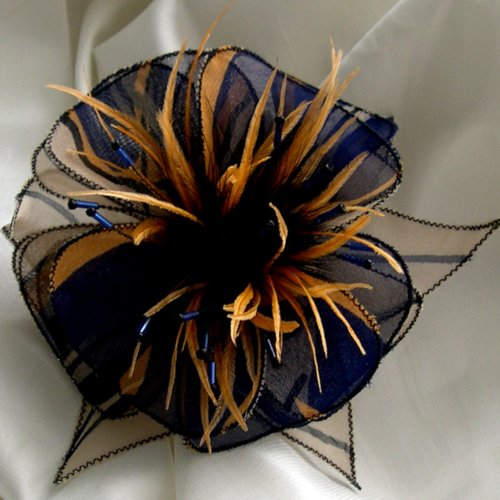 Broche fleur en tissu, organza, plumes et perles, accessoires femme, mariage, fête, cadeau, bleu beige et orange, 276