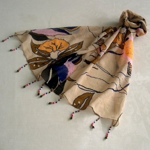 Foulard décoré de perles, écharpe légère, beige, noir, bleu, rose, orange, motif abstrait, 276