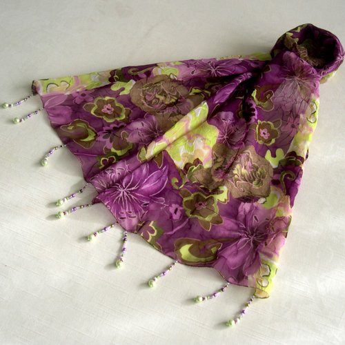 Foulard décoré de perles, écharpe légère, accessoires femme, violet marron vert, motif fleuri, 275