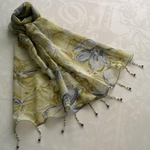 Foulard décoré de perles, écharpe légère, accessoires femme, cadeau,  gris et vert kaki, motif fleuri, 272