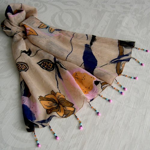 Foulard décoré de perles, écharpe légère, beige, noir, bleu, rose, orange, motif abstrait, 276