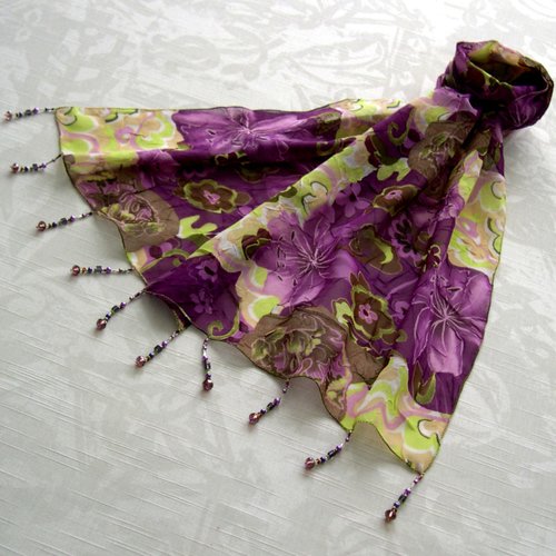 Foulard décoré de perles, écharpe légère, accessoires femme, foulard violet marron vert, motif fleuri, 275