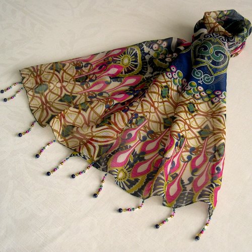 Foulard décoré de perles, écharpe légère, accessoires femme, cadeau, multicolore, motif abstrait, 270