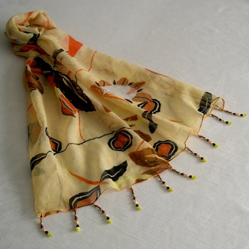 Foulard décoré de perles, écharpe légère, accessoires femme, beige, noir, orange, motif abstrait, 268