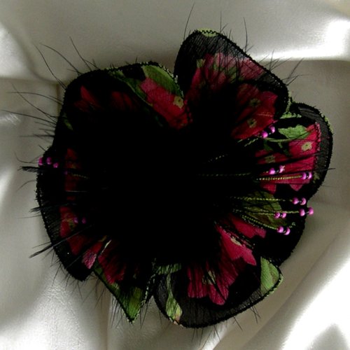 Barette fleur en tissu, plumes et perles, accessoires coiffure, mariage, cadeau, rose, noir et vert, 145