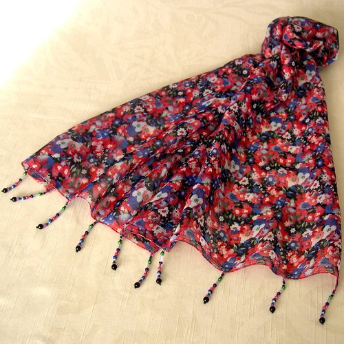 Foulard décoré de perles, écharpe légère, accessoires femme, cadeau, rouge, noir et bleu, motif fleurs, 160