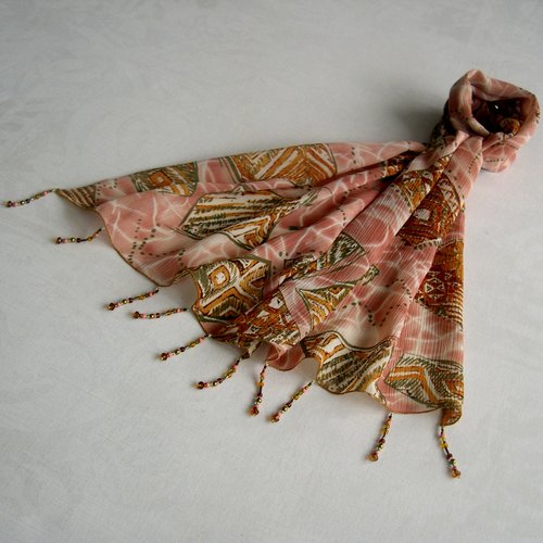 Foulard décoré de perles, écharpe légère, accessoires femme, saumon, marron, vert, motif abstrait 049
