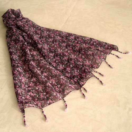 Foulard décoré de perles, écharpe légère, accessoires femme, cadeau, multicolore, motif fleuri, 099