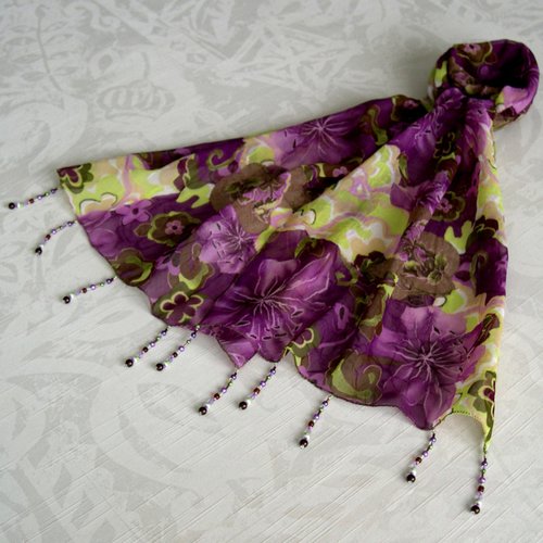 Foulard décoré de perles, écharpe légère, accessoires femme, cadeau, violet marron vert, motif fleuri, 275