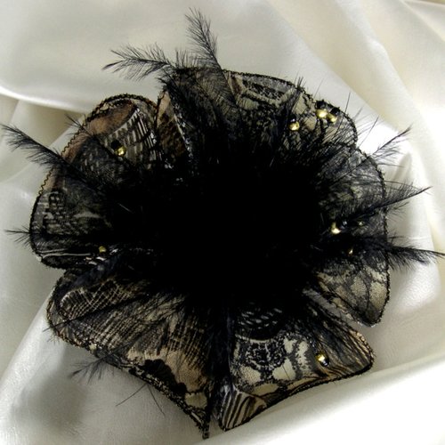 Barette fleur en tissu, plumes et perles, accessoires coiffure, mariage, fête, cadeau, beige et noire, 136