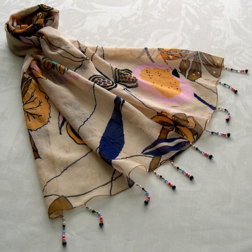 Foulard décoré de perles, écharpe légère, accessoires femme, cadeau, beige, noir, bleu, rose, orange, motif abstrait, 276