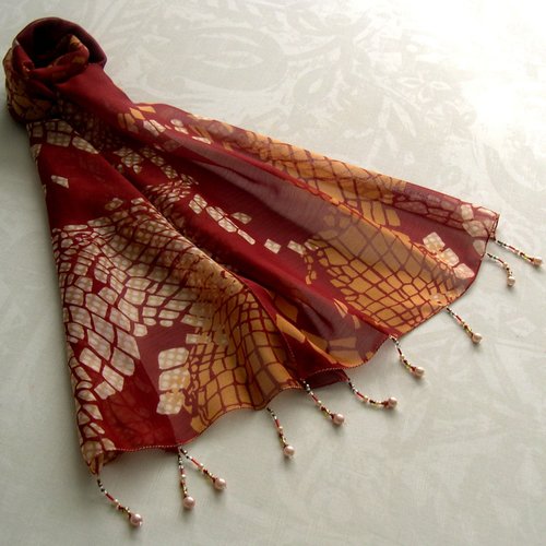 Foulard décoré de perles, écharpe légère, accessoires femme, cadeau, marron beige, motif abstrait, 267