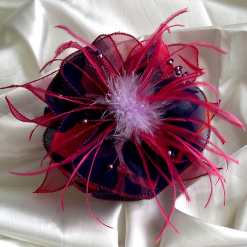 Barette fleur en tissu, organza, plumes et perles, accessoires coiffure, mariage, fête, cadeau, bleu et rose, 248