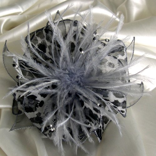 Barrette fleur en tissu, organza, plumes et perles, accessoires femme,, mariage, fête, cadeau, blanc et noir, 228