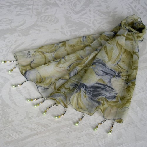 Foulard décoré de perles, écharpe légère, accessoires femme, cadeau, gris et vert kaki, motif fleuri, 272