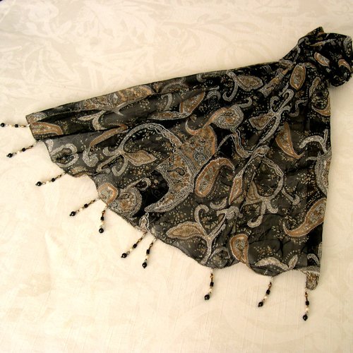 Foulard décoré de perles, écharpe légère,  accessoires femme, noir, marron et beige, motif classique, 279