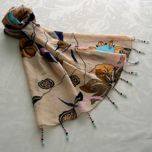 Foulard décoré de perles, écharpe légère, accessoires femme, cadeau, beige, noir, bleu, rose, orange, motif abstrait, 2