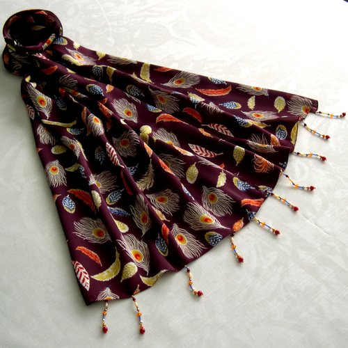 Foulard décoré de perles, écharpe légère, accessoires femme, bordeaux, beige, orange, motif plumes, 280