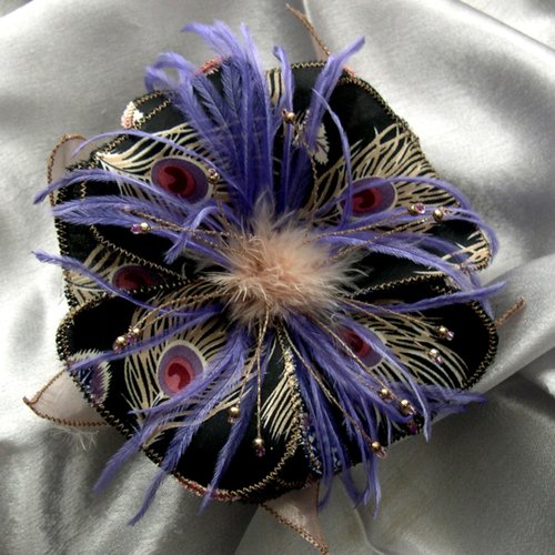 Broche fleur en tissu, organza, plumes et perles, accessoires mariage, fête, cadeau, noire beige bleue, 281