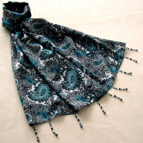 Foulard décoré de perles, écharpe légère, accessoires femme, cadeau,  bleu gris noir, motif classique, 287