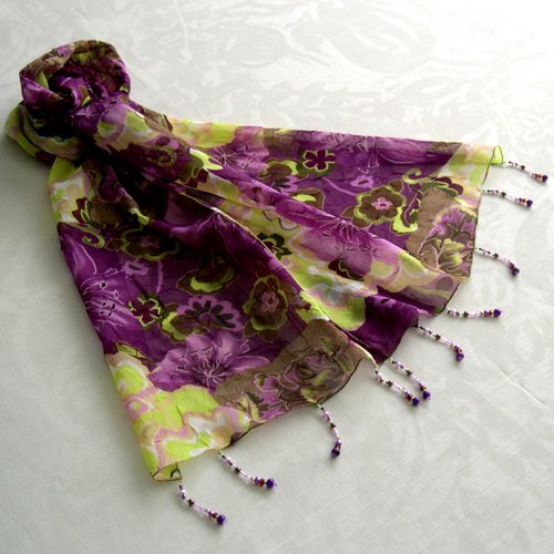 Foulard décoré de perles, écharpe légère, accessoires femme, cadeau, violet marron vert, motif fleuri, 275