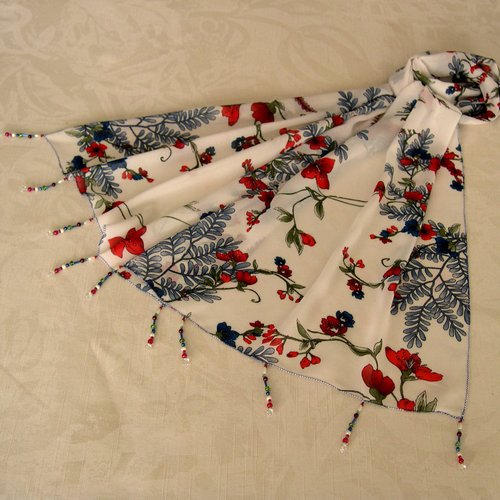 Foulard décoré de perles, écharpe légère, accessoires femme, blanc bleu rouge, motif fleurs, 282