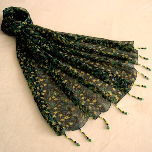 Foulard décoré de perles, écharpe légère, accessoires femme, cadeau,  vert, jaune, bleu, motif fleurs, 285