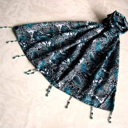 Foulard décoré de perles, écharpe légère, accessoires femme, cadeau, bleu gris noir, motif classique, 287