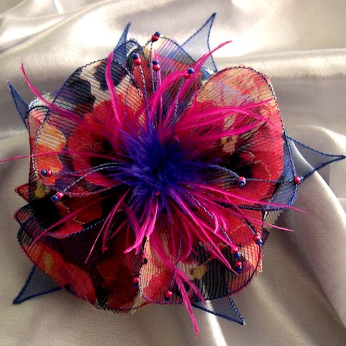 Broche fleur en tissu, organza, plumes et perles, accessoires femme, mariage, fête, cadeau, bleu rouge rose, 284