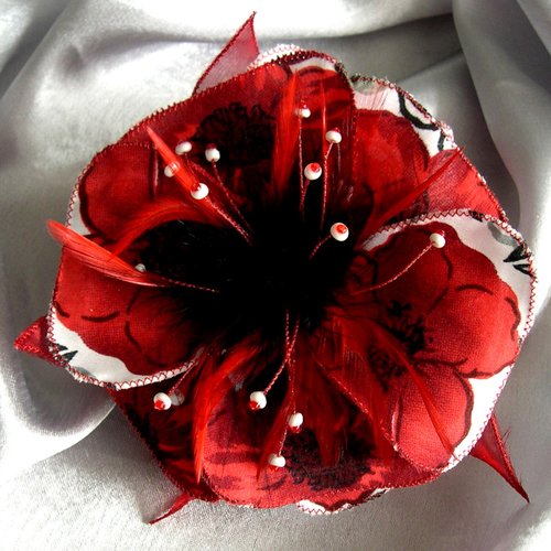Broche fleur en tissu, organza, plumes et perles, accessoires femme, mariage, fête, cadeau, rouge blanc noir, 288