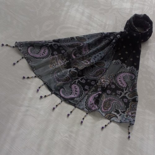Foulard décoré de perles, écharpe légère, accessoires femme, cadeau, violet, gris et noir, motif classique 121