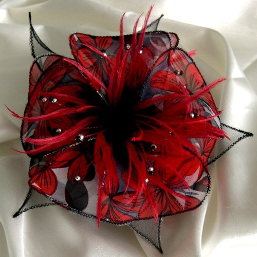 Broche fleur en tissu, plumes et perles, accessoires femme, mariage, fête, cadeau, rouge, noir et blanc, 203
