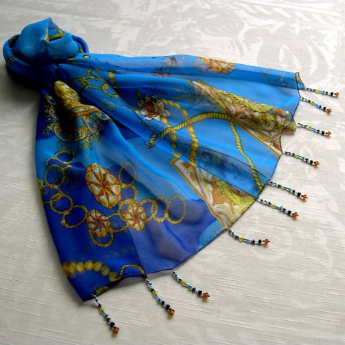 Foulard décoré de perles, écharpe légère, accessoires femme, cadeau, bleu jaune marron, motif baroque, 291