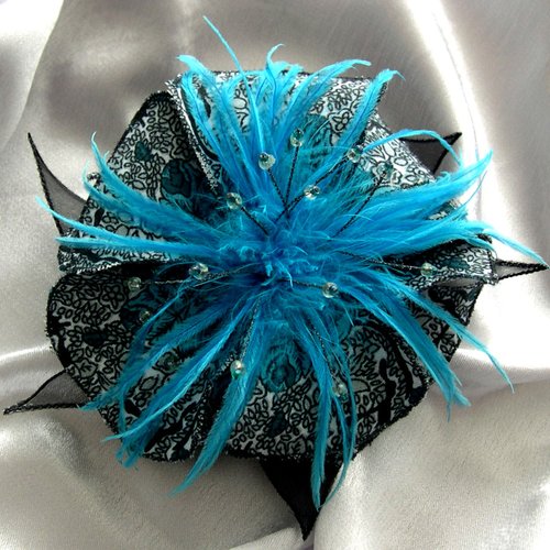 Barette fleur en tissu et organza, plumes et perles, accessoires coiffure, mariage, fête, cadeau,bleu et noir, 287