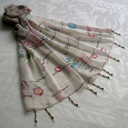 Foulard décoré de perles, écharpe légère, accessoires femme, cadeau, beige  bleu rose, motif fleurs, 295