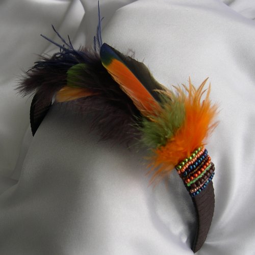 Serre-tête décorée de plumes et de perles, marron verte orange bleue, accessoires mariage, coiffure, fête, cadeau