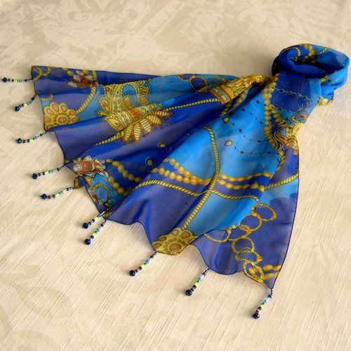 Foulard décoré de perles, écharpe légère,  accessoires femme,cadeau, bleu jaune marron, motif baroque, 291