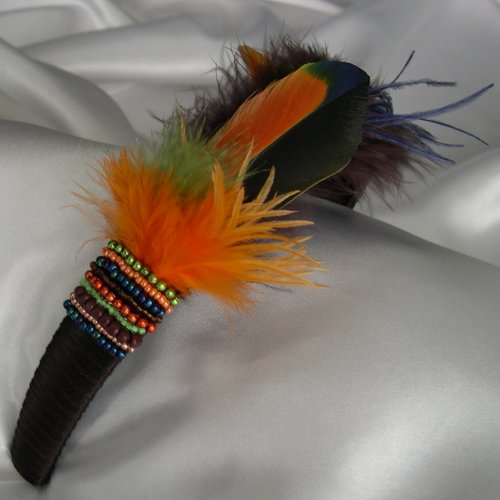 Serre-têtedecorée de  plumes et de perles,  marron verte orange bleue, accessoires mariage, fête, cadeau