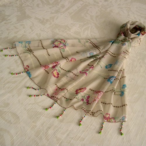 Foulard décoré de perles, écharpe légère, accessoires femme, cadeau,  beige  bleu rose, motif fleurs, 295