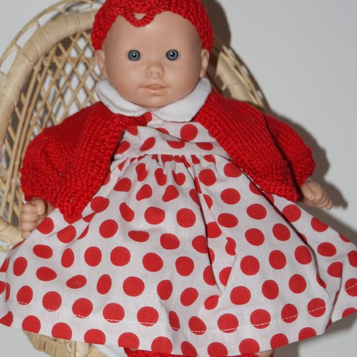 Vêtement pour poupée de 30 cm robe fond blanc avec pois rouges et pull rouge
